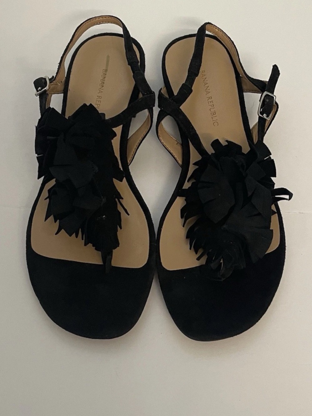 Banana Republic Black Floral T-Strap Suede Sandals